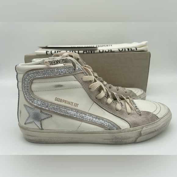 NEW GOLDEN GOOSE HIGH TOP SLIDE ZIP WHITE LEATHER STAR SNEAKERS BOX NIB! - Picture 7 of 11